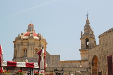 The church dome and bell tower in Mdina. 