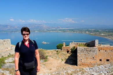On top of the Palamidi with the Bourtzi Fortress out in the bay. 