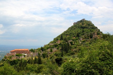 Mystras Archaeological site on the top of a large mountain. 