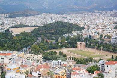Looking down at the Temple of the Olympian Zeus. 