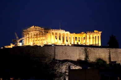 The Acropolis at night from our Hotel roof garden. 