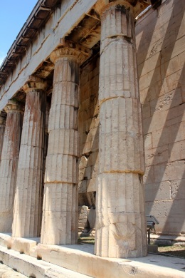 The pillars of the Thesseion are a little out of alignment due to a number of earthquakes in Athens. 