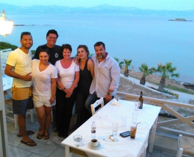 The view of the bay from the Blue Dolphin. This photo also includes Lynn and Aneta (Petros's special friend). This phot was taken after I consumed Souma Grappa! 