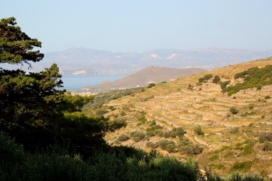 The view from Lefkes down the valley with Naxos in the distance. 