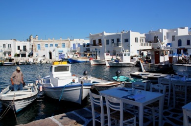 The small fishing harbour at Naousa with restaurants all the way around. 