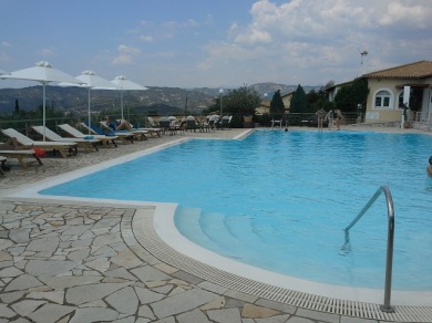 The welcome sight of a cool swimming pool in 35 deg heat in Olympia at our hotel. 