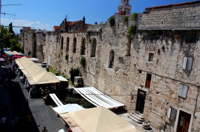 The mandatory view from our apartment at the Silver Gate of the Diocletian's Palace in Split. The market in Hrvojeva Street on the eastern wall below our apartment. 