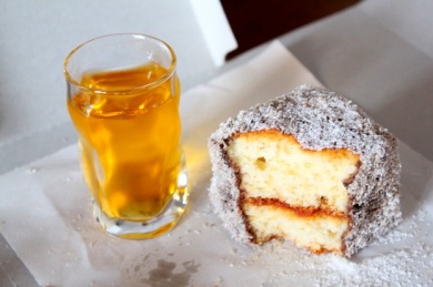 Afternoon tea of local Lamingtons and our liqueur that we acquired in Zadar. 