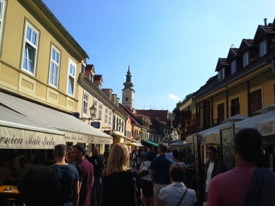 Walking the upper town restaurant area of Zagreb. 