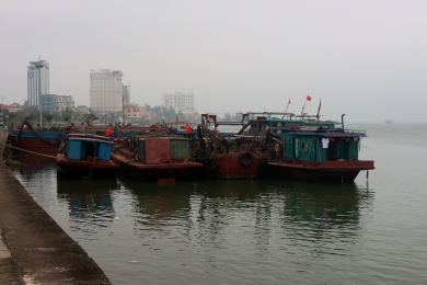 Fishing boats down town. Our hotel in the foggy background. 